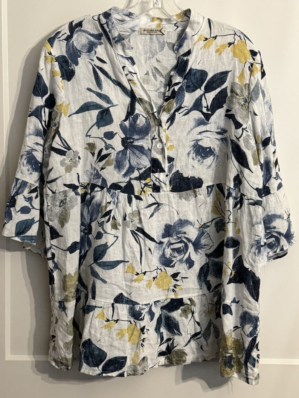 VALENTINA NALDI ITALY LagenLook Sz L Blue Floral 100% Linen 3/4 Sleeve Tunic